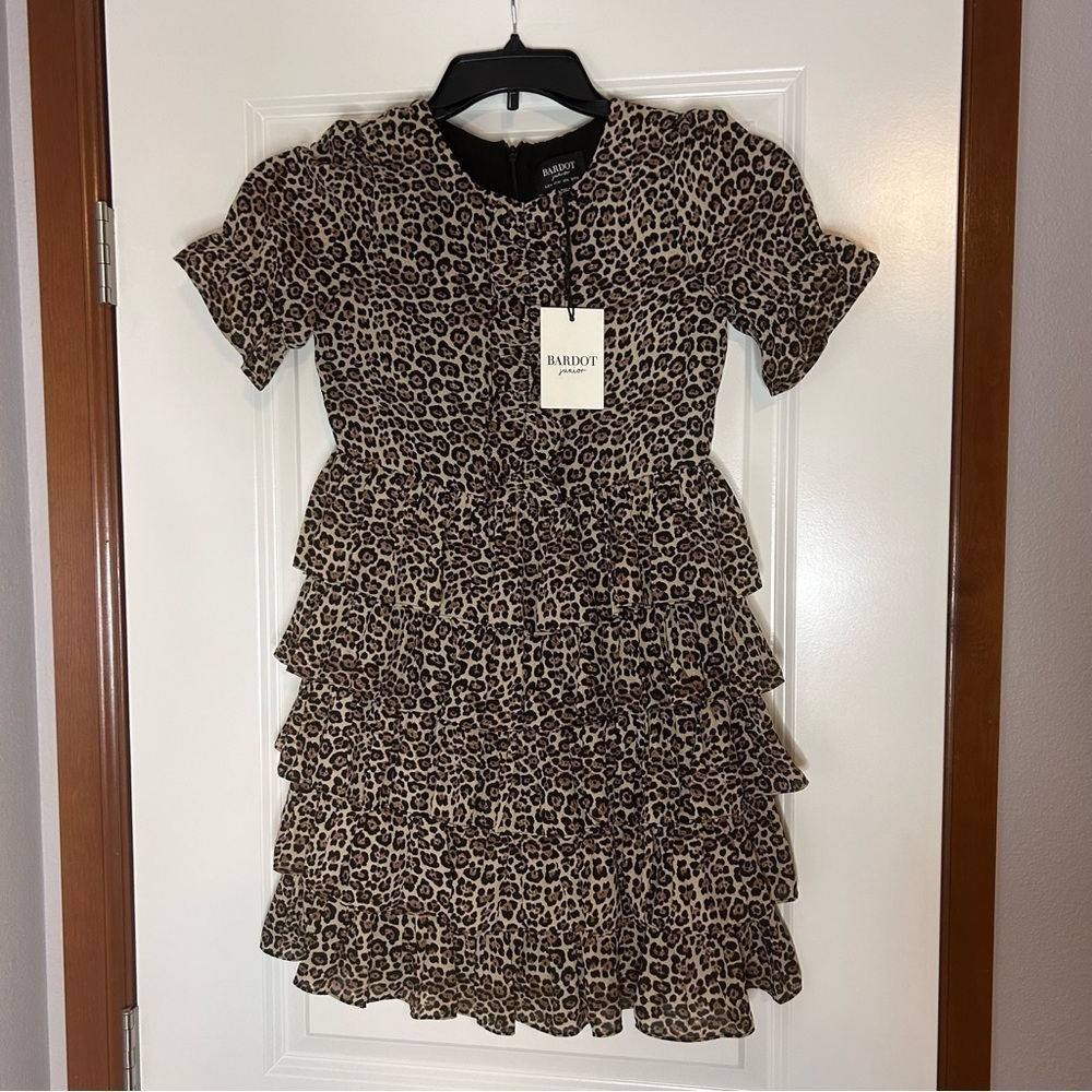 NWT Bardot Junion Ruffled Layered Short Sleeve Lined Leopard Print Youth Dress - Picture 10 of 14